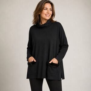 Karen Kane L High Neck Tunic Faux Fur Pockets Black Large Long Sleeve Lagenlook